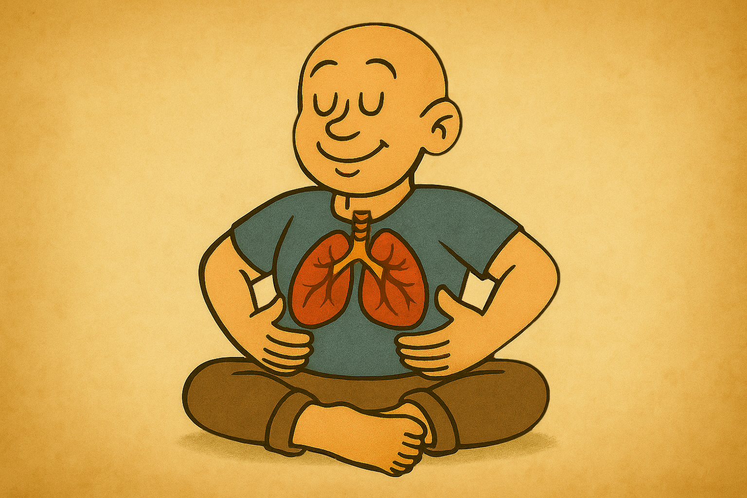Illustration eines sitzenden Mannes, der entspannt Flankenatmung beim Singen übt. Singnastics.