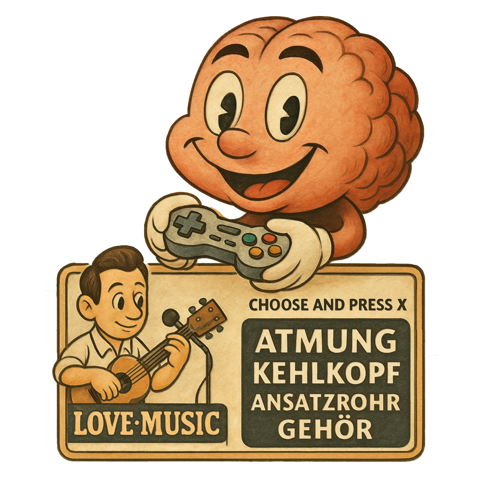 Cartoon-Gehirn mit Gamecontroller steuert Klangparameter wie Atmung, Kehlkopf, Ansatzrohr und Gehör – Illustration im Retro-Stil, erstellt für Singnastics 2025.