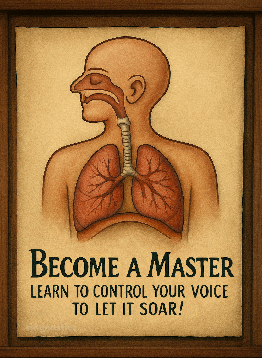 Illustration eines menschlichen Atemsystems mit dem Slogan ‚Become a Master – Learn to control your voice to let it soar!