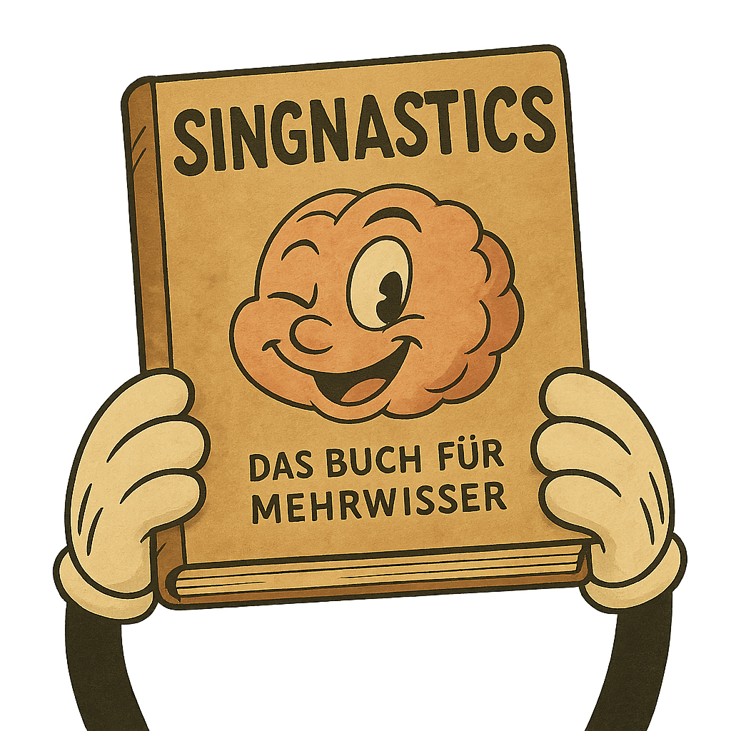 Cartoon-Gehirn auf einem Buchcover mit Titel ‚Das Buch für Mehrwisser‘.