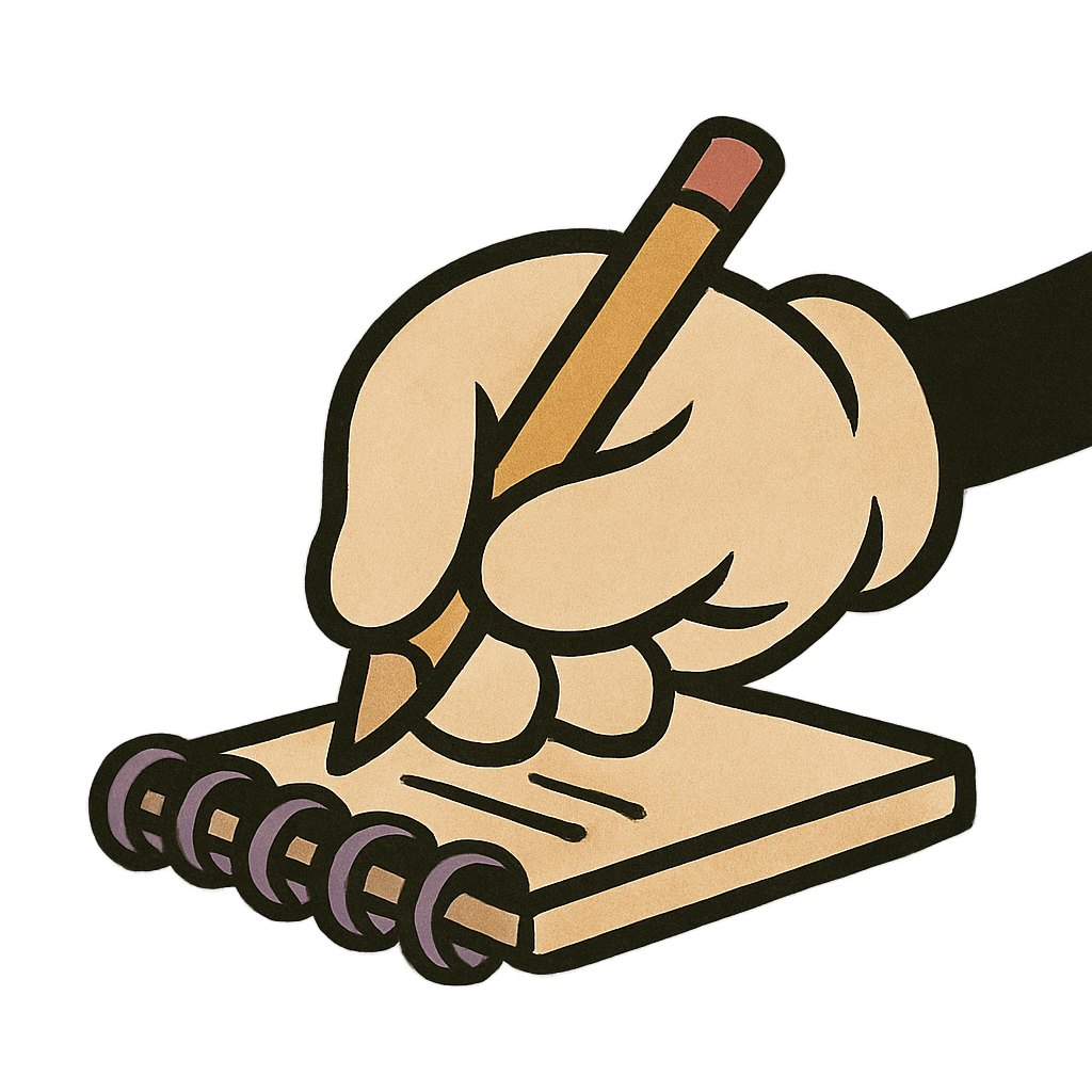 Cartoon-Hand schreibt mit Bleistift auf einen kleinen Spiralblock.