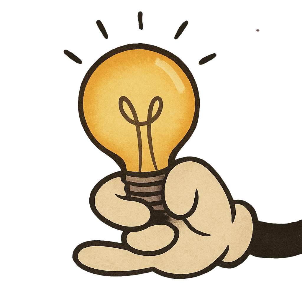 Cartoon-Hand hält eine leuchtende Glühbirne – Symbol für Tipp zur Stimmbildung.