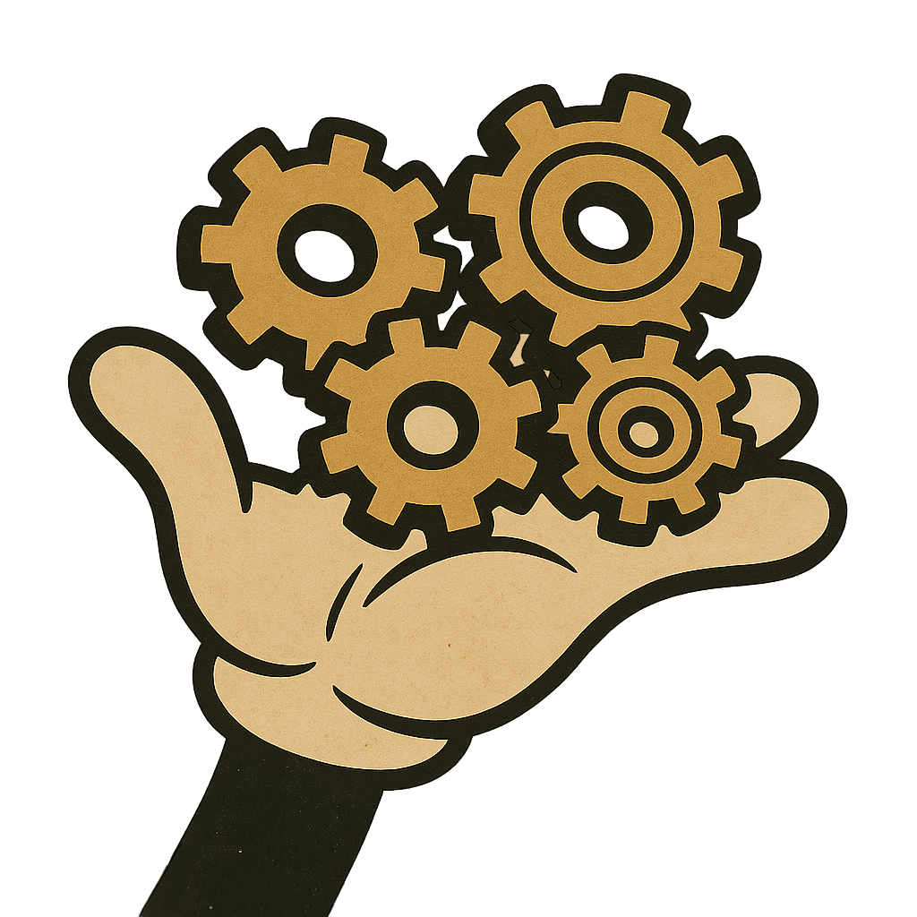 Cartoon-Hand präsentiert vier Zahnräder – Symbol für Übungen zu Erklärungen und Beschreibungen.