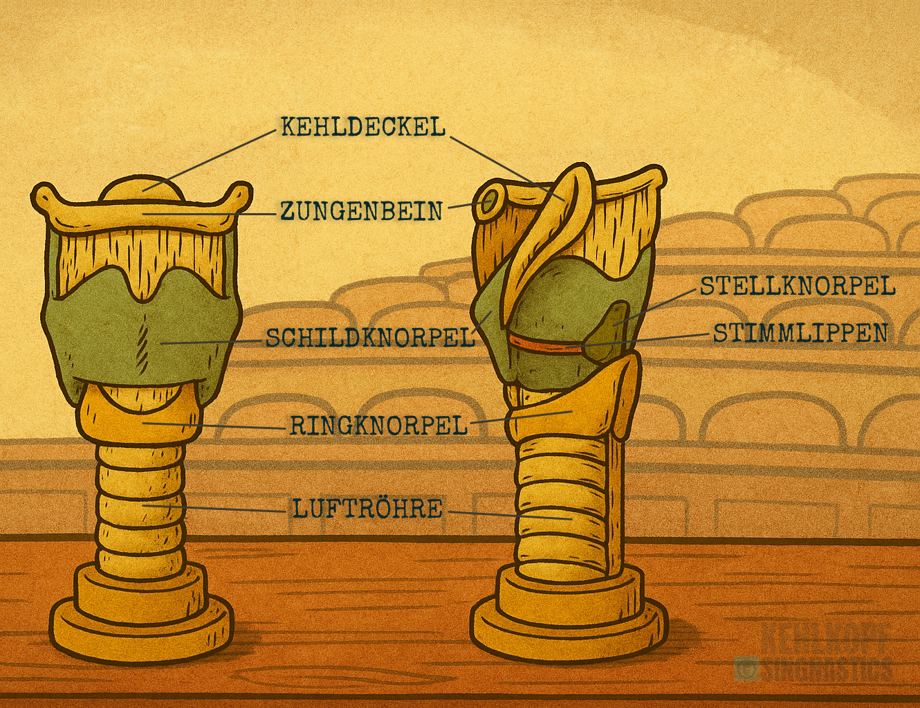 Illustration Kehlkopf mit Kehldeckel, Zungenbein, Schildknorpel, Ringknorpel, Stellknorpel und Stimmlippen für Sänger:innen, Singnastics