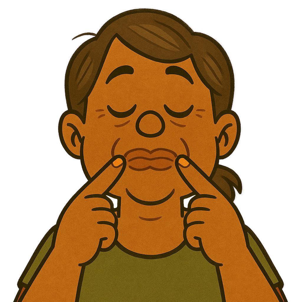 Retro-inspirierte Illustration im Stil von Singnastics: Eine Person mit geschlossenen Augen, Zeigefingern an den Mundwinkeln flattert mit den Lippen. Lippenflattern, eine typische Übung zum Aufwärmen der Stimme.