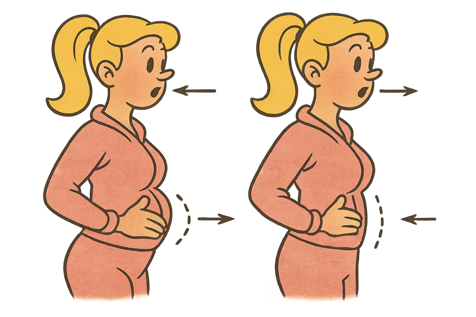 Retro-Zeichnung einer Frau beim Ein- und Ausatmen. Links: Bauch wölbt sich nach außen beim Einatmen. Rechts: Bauch zieht sich beim Ausatmen zurück. Pfeile zeigen Atemrichtung und Bauchbewegung.