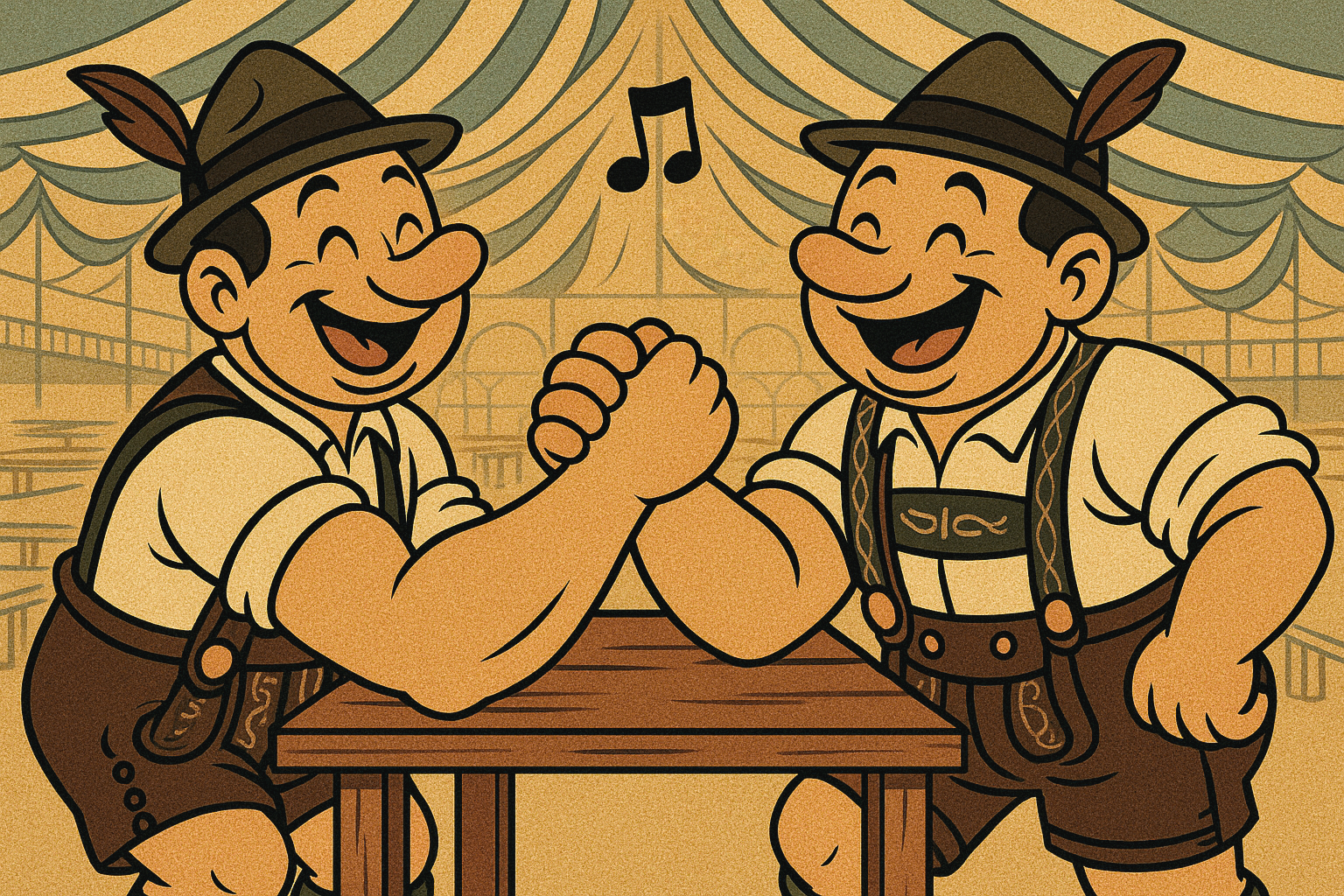 Zwei Männer in Tracht beim Armdrücken, lachend und gleich stark, symbolisieren einen übergangslosen Wechsel zwischen TA- und CT-Muskel beim Singen.