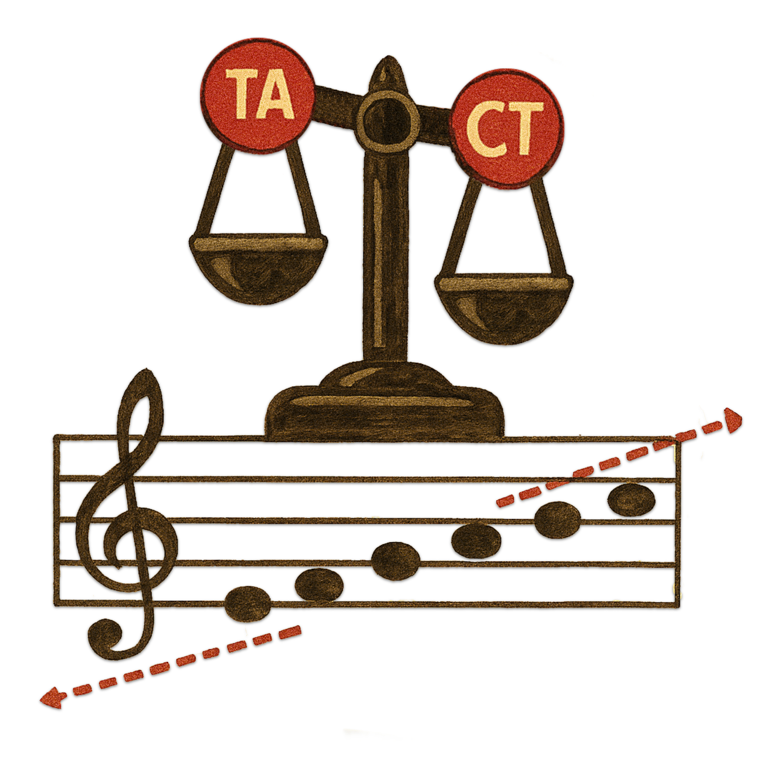 Illustration einer Waage mit TA und CT zur Darstellung der Muskelbalance für hohe und tiefe Töne beim Singen. Sie zeigt der CT hat im Bild die Oberhand.
