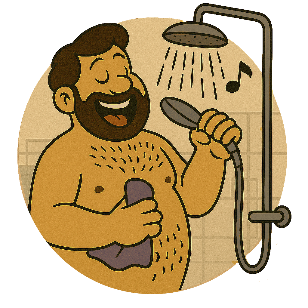 Mann singt fröhlich unter der Dusche als Übung für entspanntes Singen.