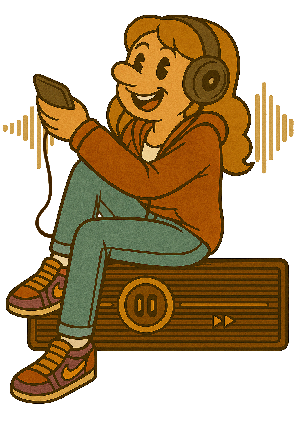 Illustration eines Mädchens mit Kopfhörern, das eine Aufnahme anhört, als Symbol für Stimmanalyse beim Singen.