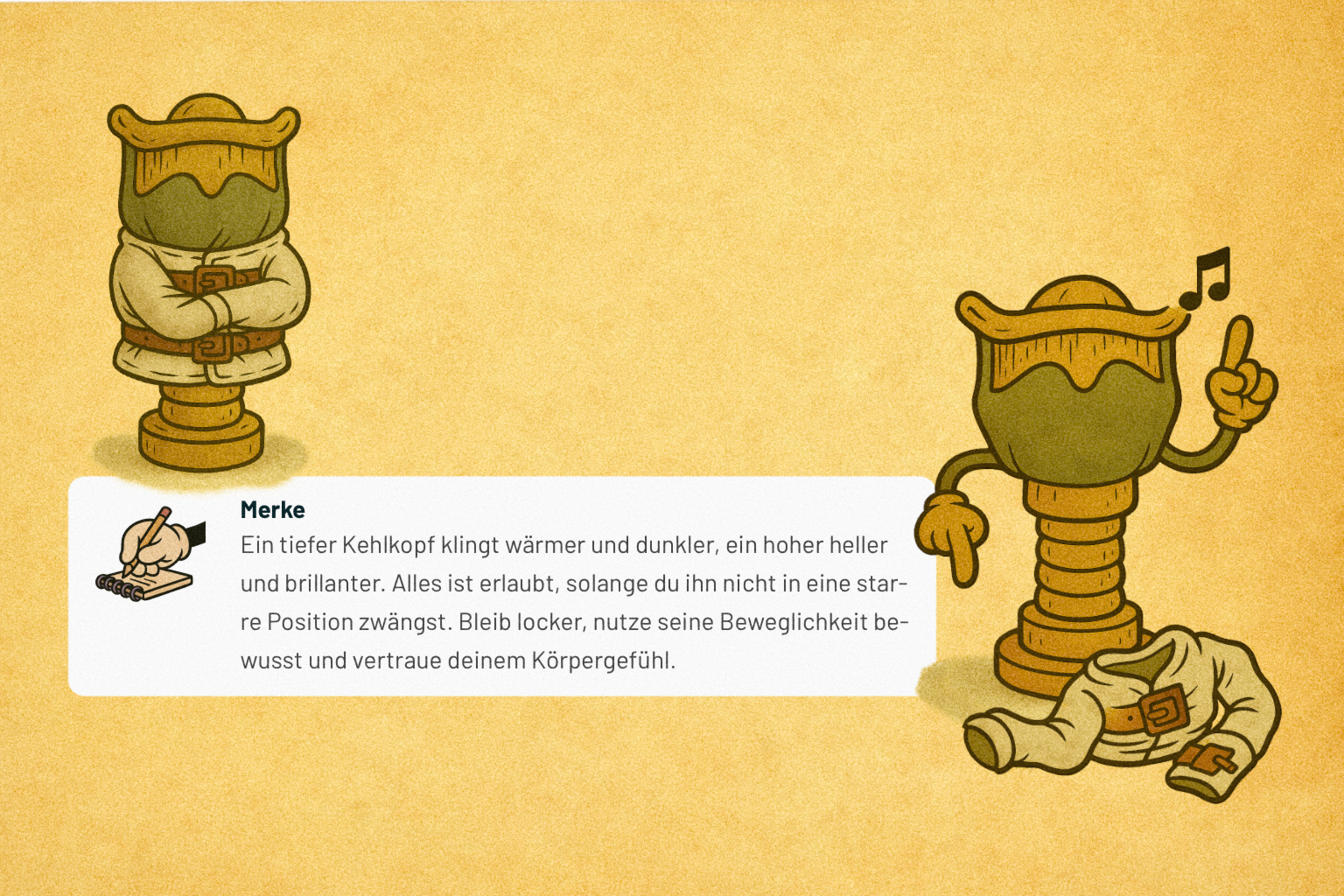 Zwei stilisierte Kehlkopf-Figuren: links steht ein steifer, eingeschränkter Kehlkopf, rechts ein gelöster, beweglicher Kehlkopf mit Musiknote.