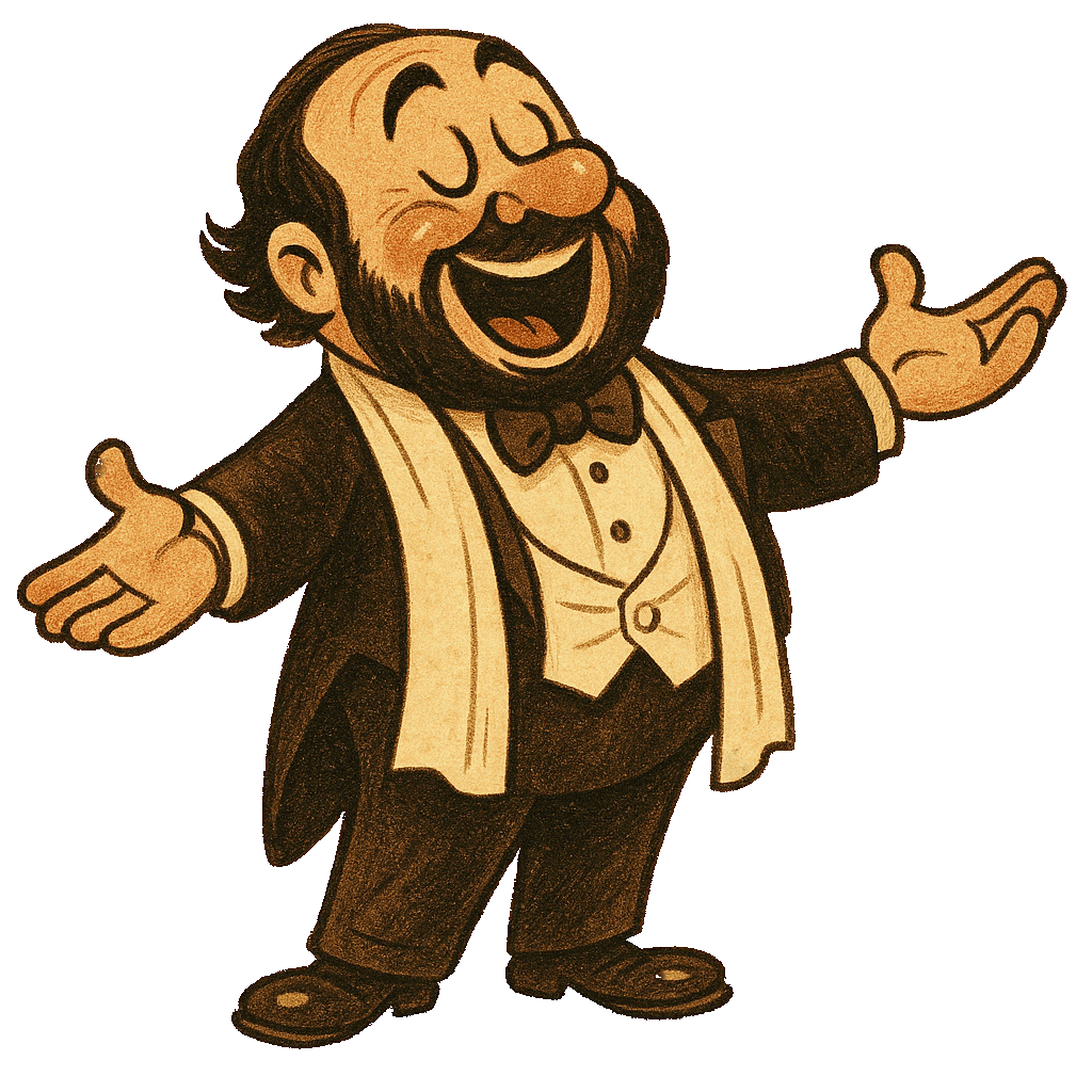 Rundlicher Opernsänger mit Anzug und Musiknote