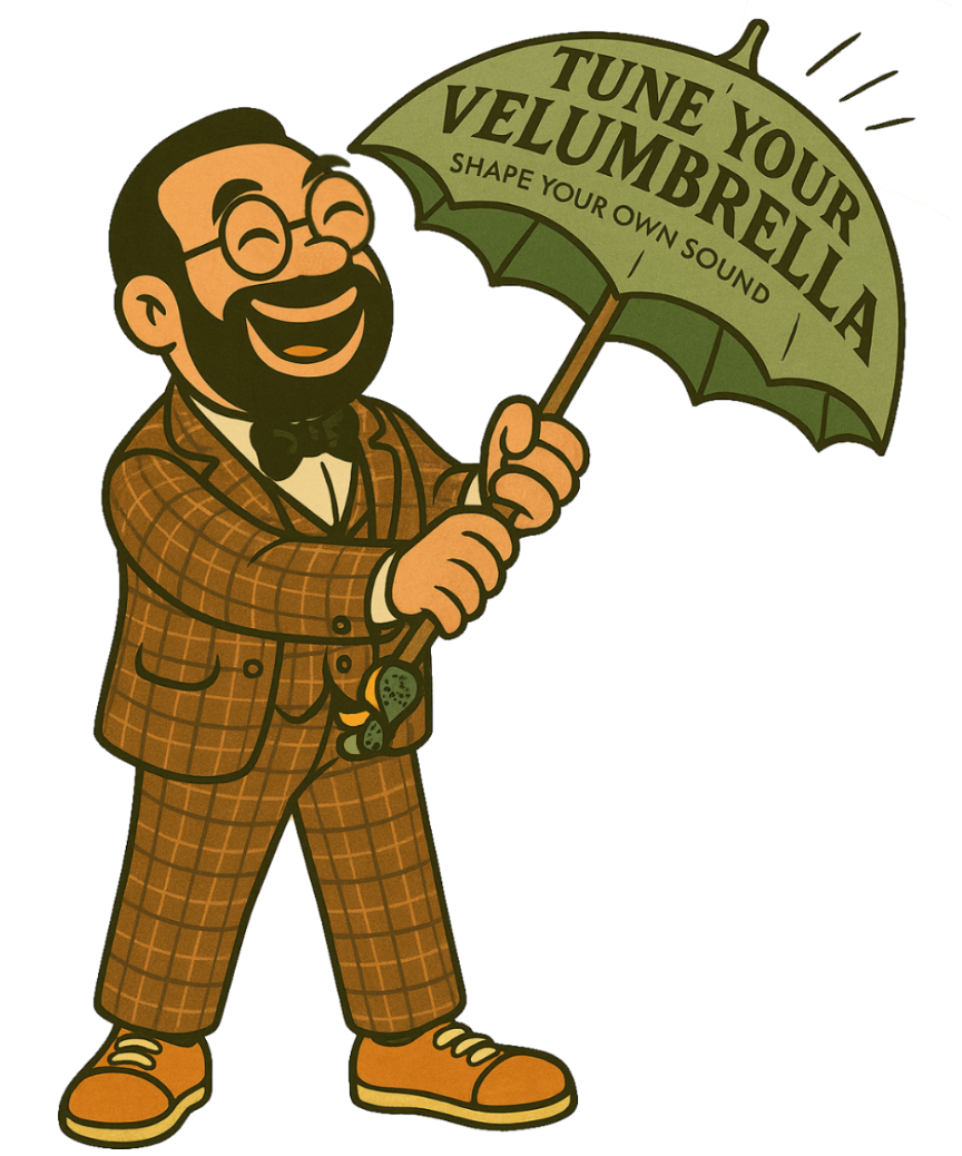 Lächelnde Cartoonfigur mit grünem Schirm und dem Text „Tune your Velumbrella – Shape your own sound“.