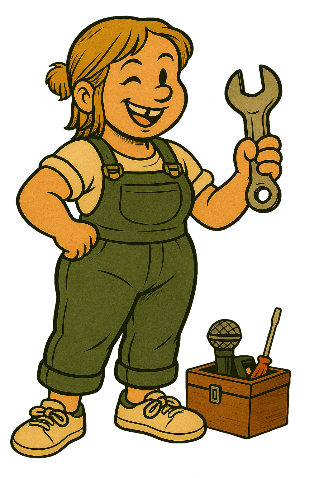 Cartoonhafte Figur einer „Stimmhandwerkerin“ mit Zopf, Latzhose und Schraubenschlüssel in der Hand. Neben ihr steht eine Werkzeugkiste mit Mikrofon und Schraubenzieher – symbolisch für das handwerkliche Arbeiten an der Stimme.