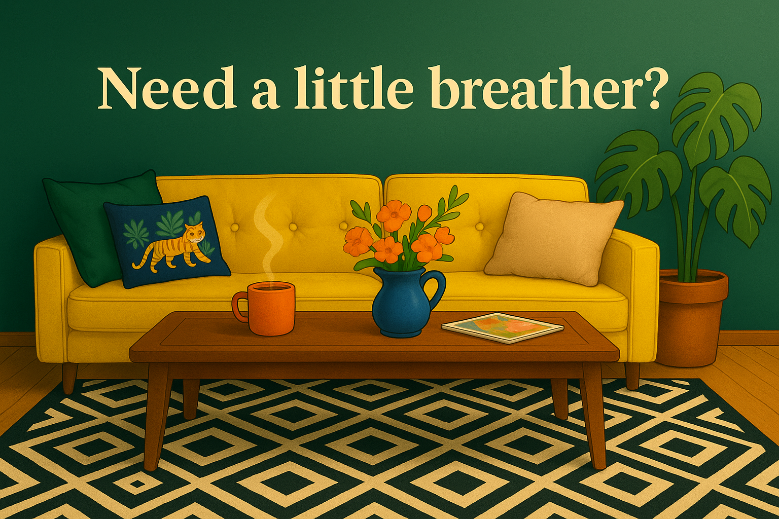 Illustration im Pixar-Stil: Sofa mit Teetasse, Kissen und Blumen, Text „Need a little breather?“ – Singnastics-Bild für eine Pause am Ende des Blogs.