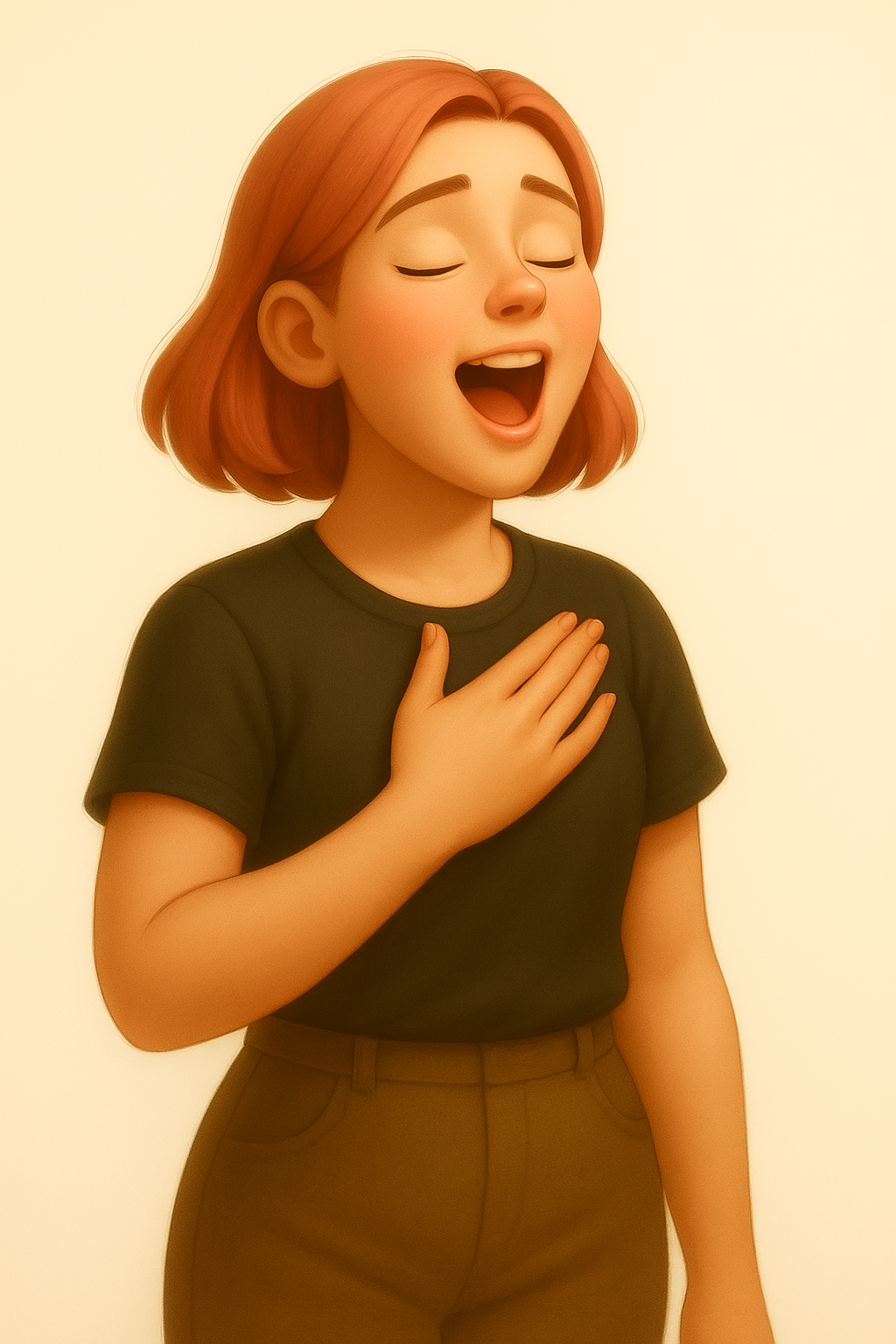 Junge Frau mit rotem Bob singt mit geschlossenen Augen und Hand auf der Brust, als Symbol für körperliche Registerwahrnehmung in der Stimmbildung.