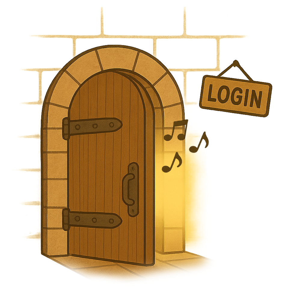 Gezeichnete Holztür mit „Login“-Schild, offen und hell erleuchtet, Musiknoten schweben heraus – symbolisiert den Zugang zum geschützten Trainingsbereich der Gesangsfibel für Schüler:innen von Bianca.