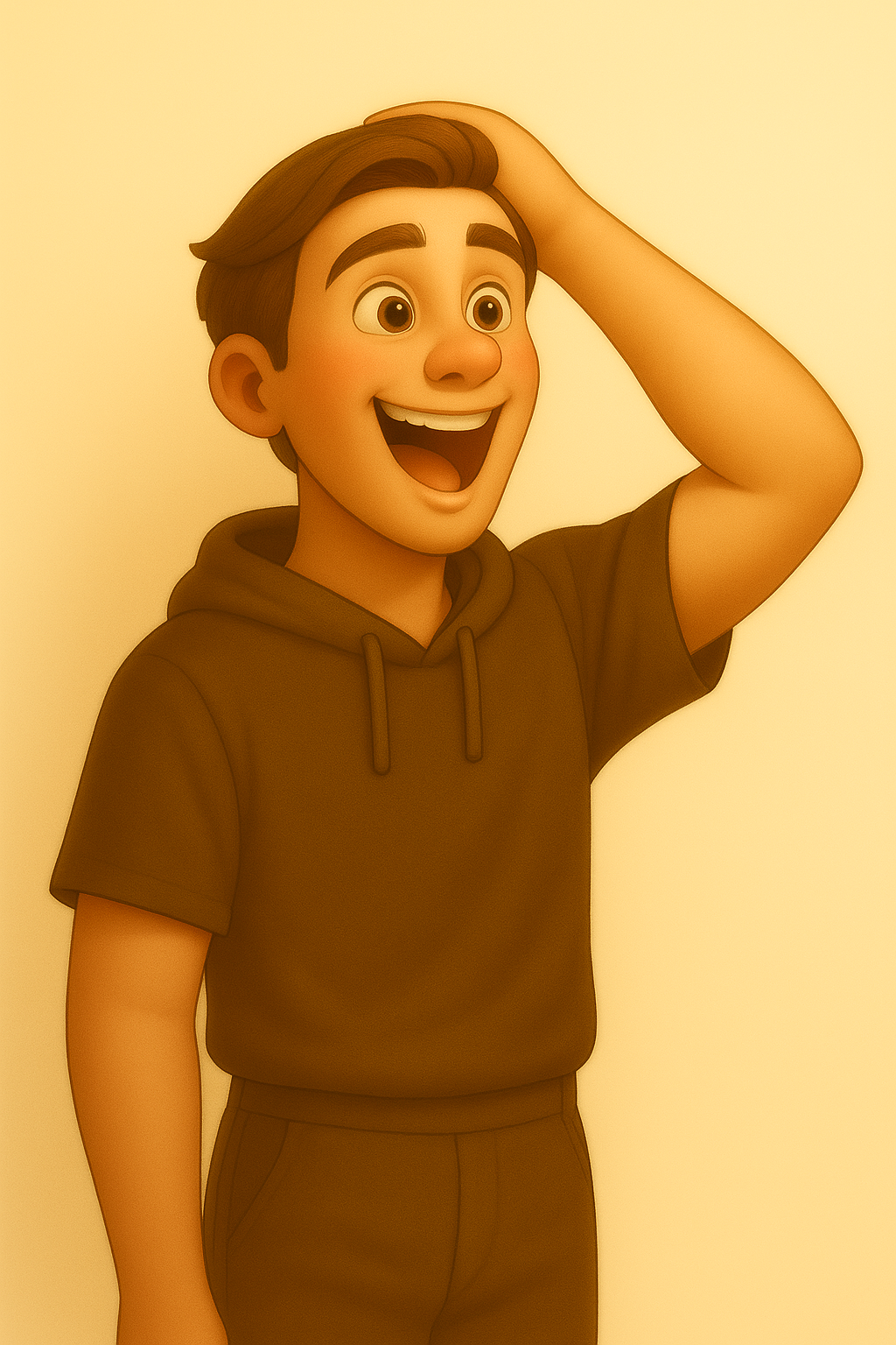 Fröhlicher junger Mann mit offener Stimme und Hand auf dem Kopf – steht symbolisch für das Körpergefühl beim Singen in der Kopfstimme.