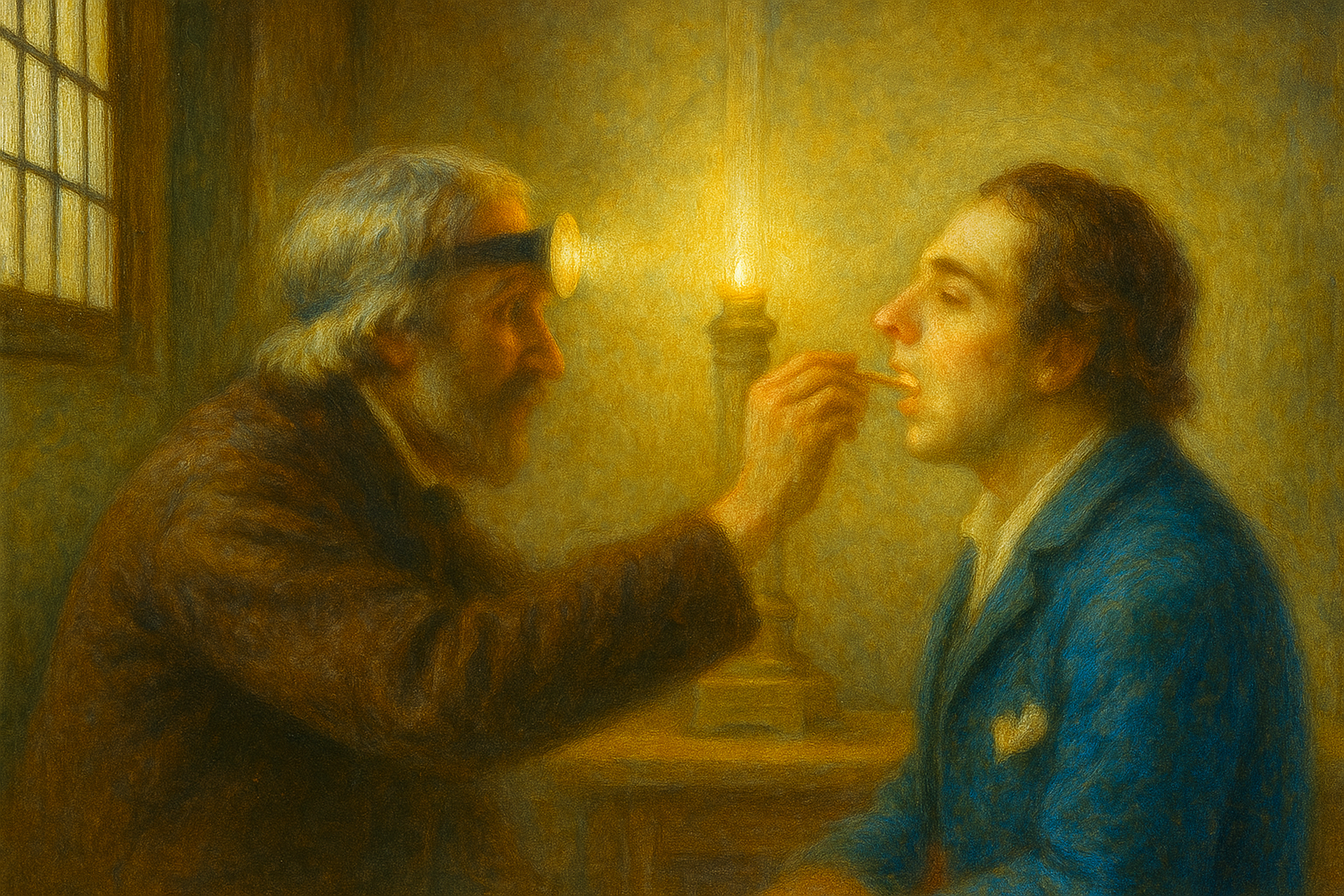 Ein Arzt mit Stirnspiegel untersucht den geöffneten Mund eines Mannes bei Kerzenlicht. Die Szene zeigt eine frühe Form der Laryngoskopie, wie sie Manuel García im 19. Jahrhundert zur Beobachtung der Stimmlippen beim Singen verwendete. Singnastics 2025