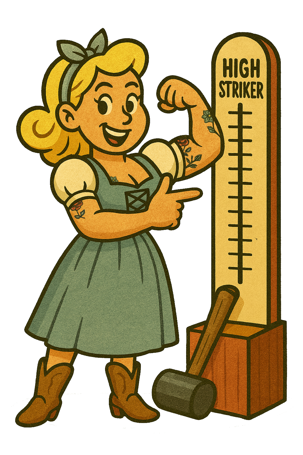 Cartoon-Figur im Dirndl zeigt stolz auf ihren Bizeps neben einem High-Striker-Kraftmesser mit Hammer – Symbol für innere Kraft und Muskelarbeit beim Singen.