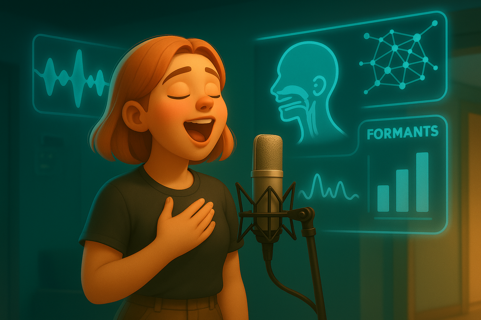 Junge Frau singt in Mikrofon mit wissenschaftlicher Stimmanalyse im Hintergrund – Formanten, Vokaltrakt und KI-Grafiken. Thema: Zukunft der Stimmbildung und Registerforschung. Singnastics.