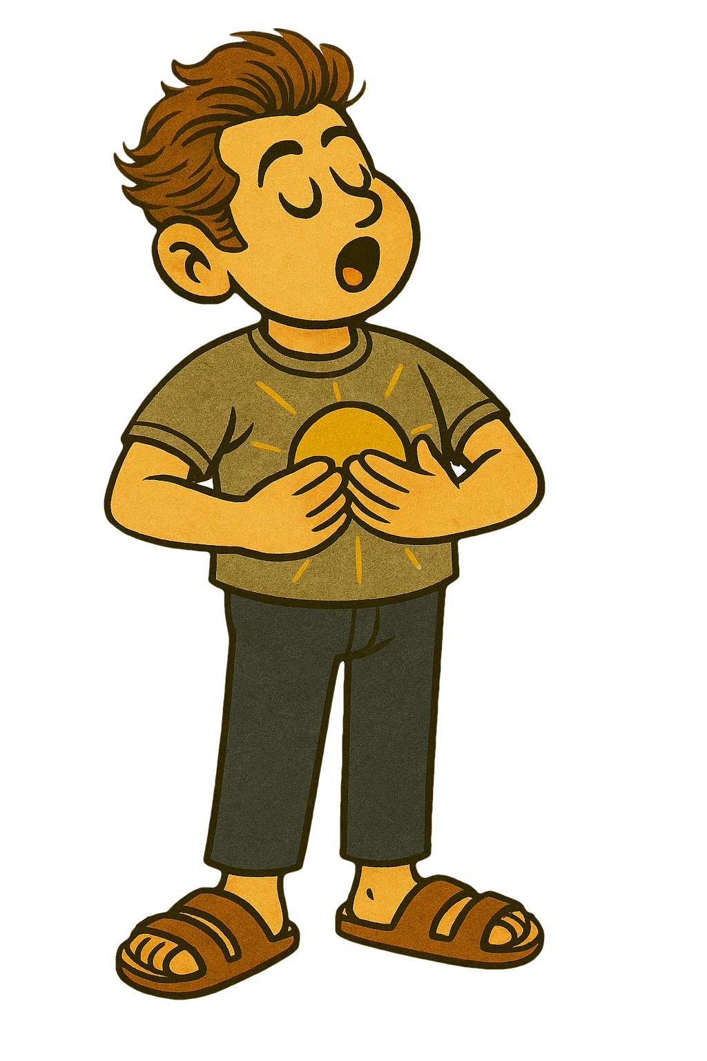 Singende Person mit entspanntem Gesichtsausdruck, Händen auf dem Solarplexus und sonnigem Symbol auf dem Bauch – steht aufrecht in Sandalen, eine Notenschrift schwebt in der Luft. Bild der Singnastics Gesangsfibel