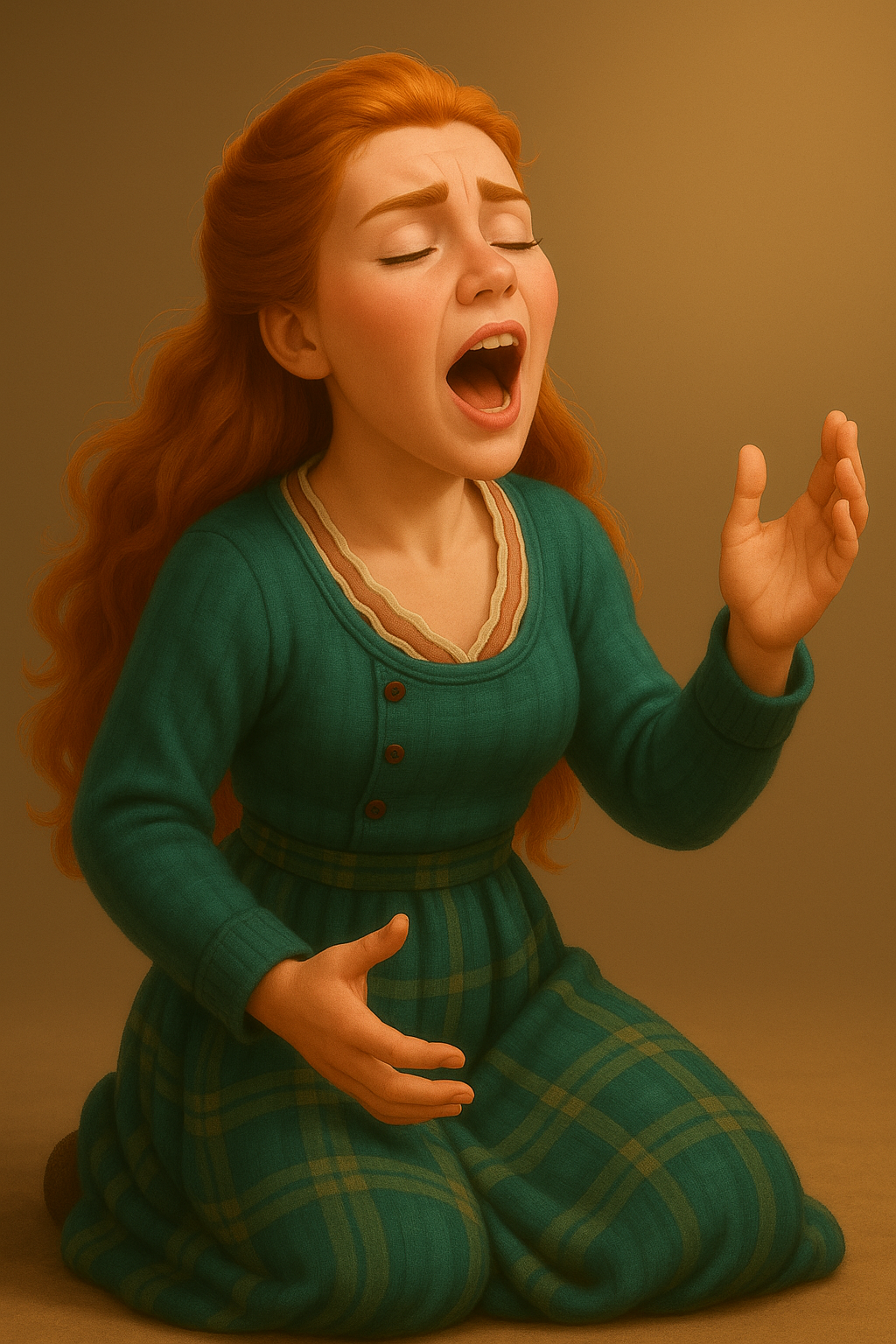 Illustration einer Sopranistin, die mit geöffnetem Mund einen hohen Ton singt. Die Szene zeigt visuell den Effekt der bewussten Mundöffnung auf die Klangresonanz.