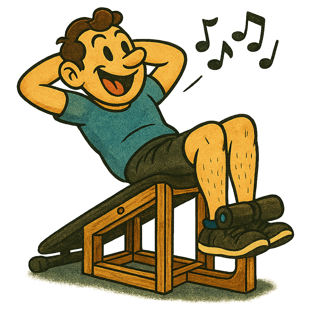 Eine fröhliche Person macht Sit-ups auf einer Schrägbank und singt fröhlich dabei. Um sie herum fliegen Noten – ein humorvoller Verweis auf Muskeltraining und Stimmtraining.
