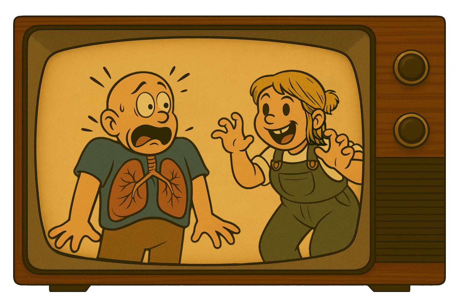 Cartoon-Illustration zum Thema Hochatmung: Eine Figur erschreckt eine andere, deren Schultern sich vor Schreck angehoben haben. Eine körperliche Reaktion die oft auch in stressigen Situationen passiert und die Stimme auch beim Singen durch angespannte Muskulatur behindern kann.