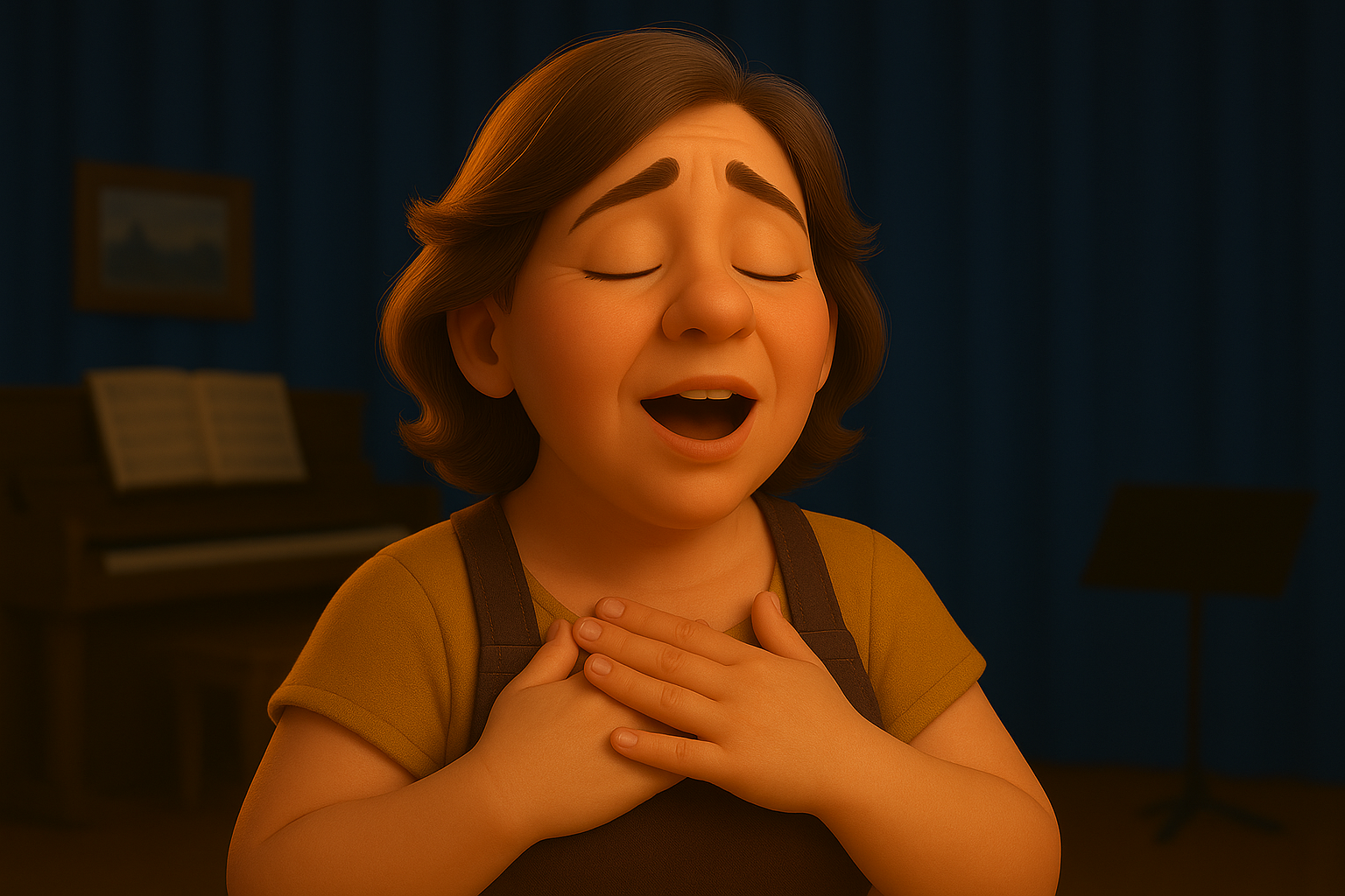 Frau beim Singen mit den Händen auf der Brust – Wahrnehmung der Vibrationen in der Bruststimme.