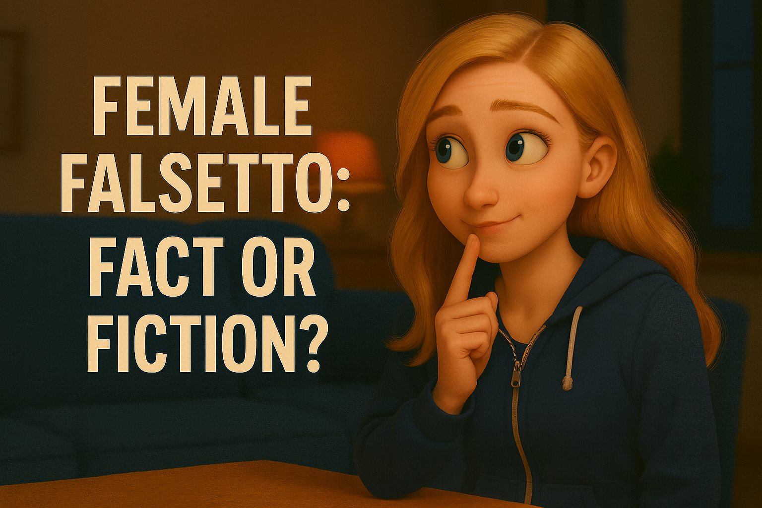 Eine Frau im blauen Onesie überlegt, ob es ein weibliches Falsetto gibt oder ob nur Männer eines haben können.