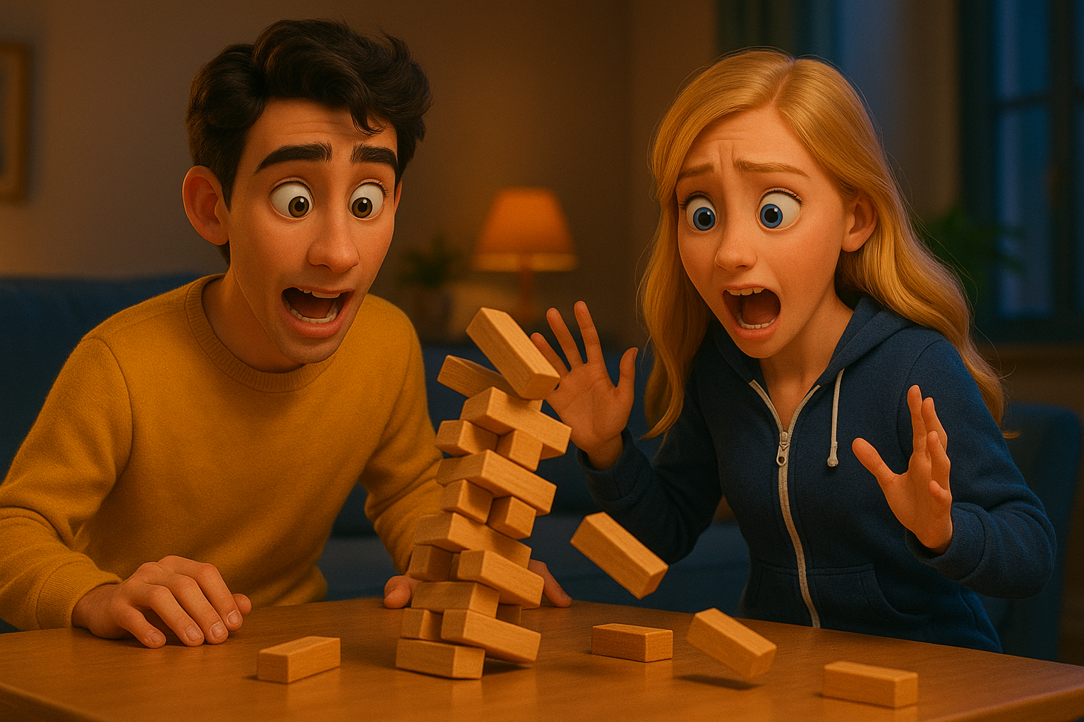 Cartoonartige Szene: Zwei Jugendliche schauen erschrocken zu, wie ein Holzturm einstürzt – humorvolle Metapher für ein kollabiertes Falsett mit instabiler Stimmgebung.