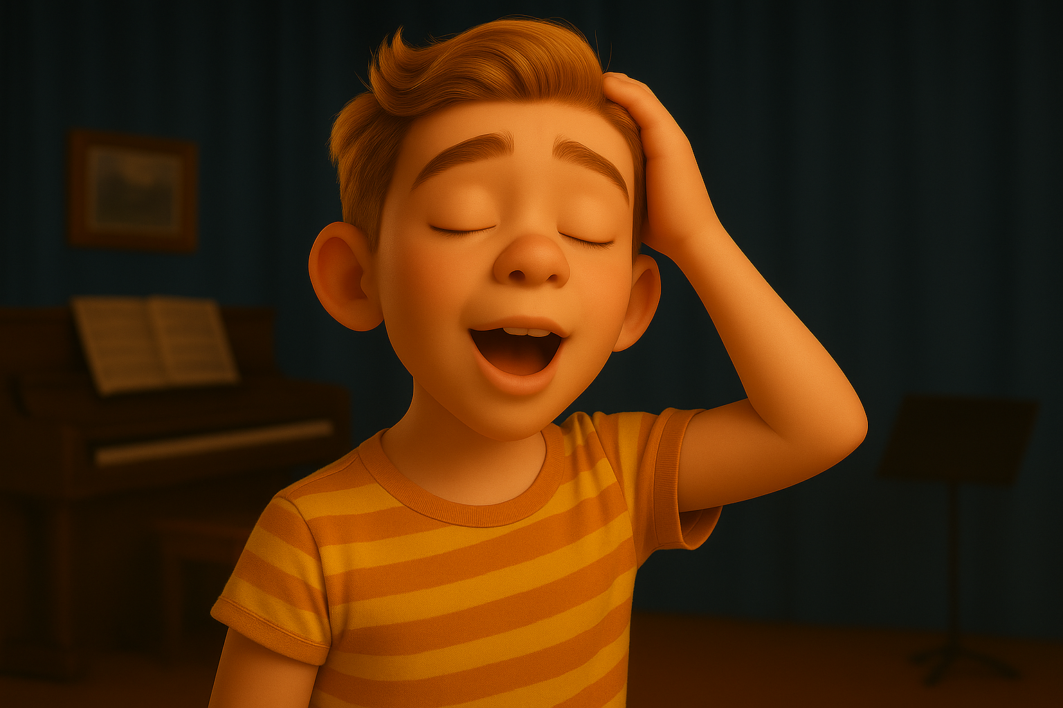 Kind singt in hoher Tonlage mit einer Hand auf dem Kopf – Wahrnehmungsübung zur Erkundung der Kopfstimme im Gesangsunterricht.