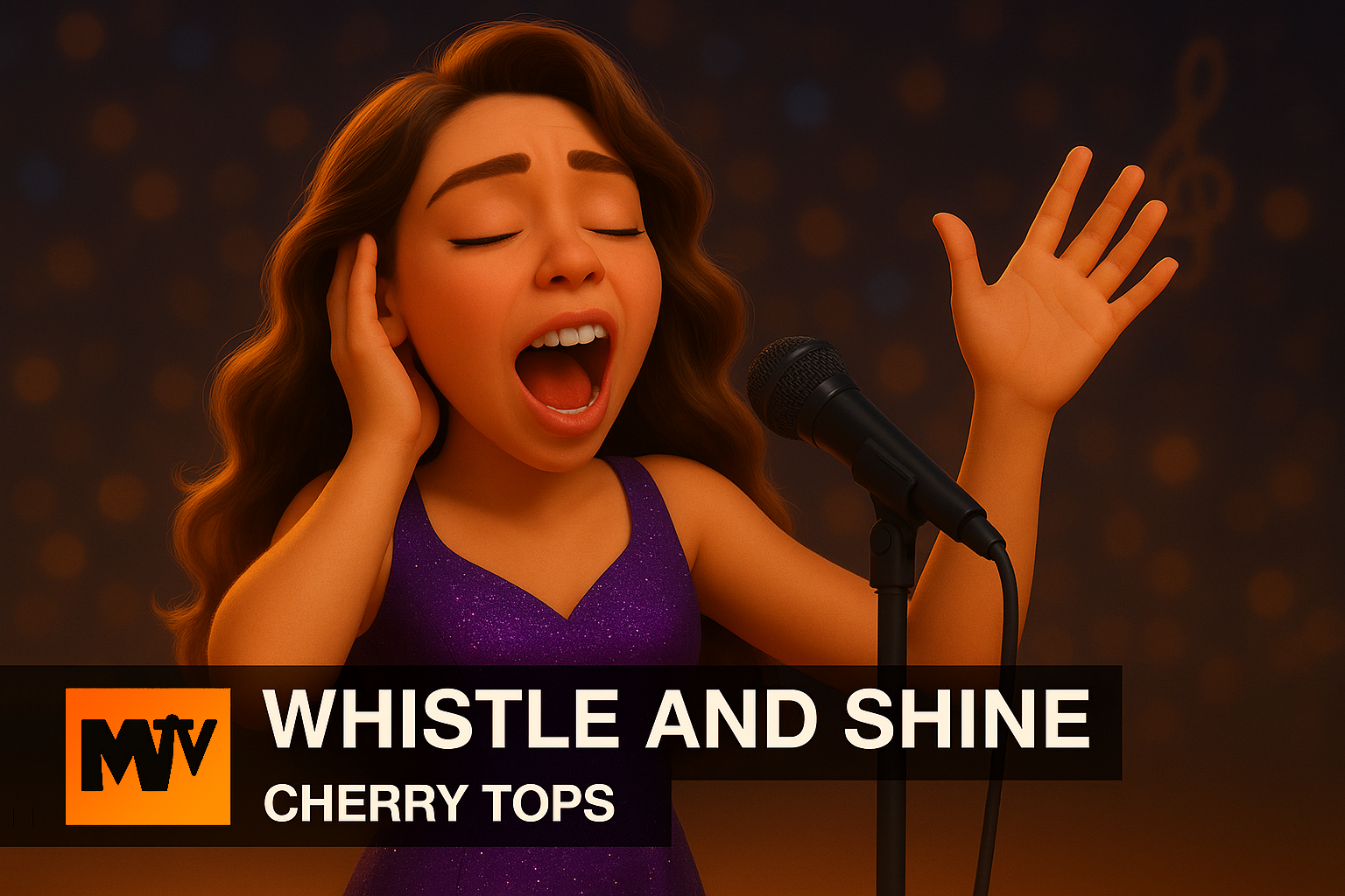 Cartoonartige Sängerin trifft einen sehr hohen Ton auf der Bühne – Metapher für die Whistle Voice oder das Flageolett-Register. Der Titel „Whistle and Shine“ unterstreicht den pfeifenden Klangcharakter.