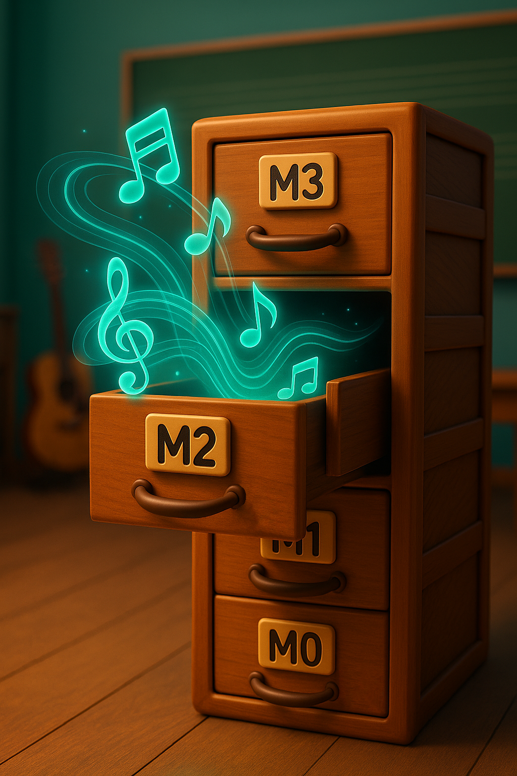Illustration eines Holzschubladenregals mit vier Fächern, beschriftet mit „M0“ bis „M3“. Aus der geöffneten M2-Schublade strömen leuchtende Musiknoten – Symbol für verschiedene Stimmregister.