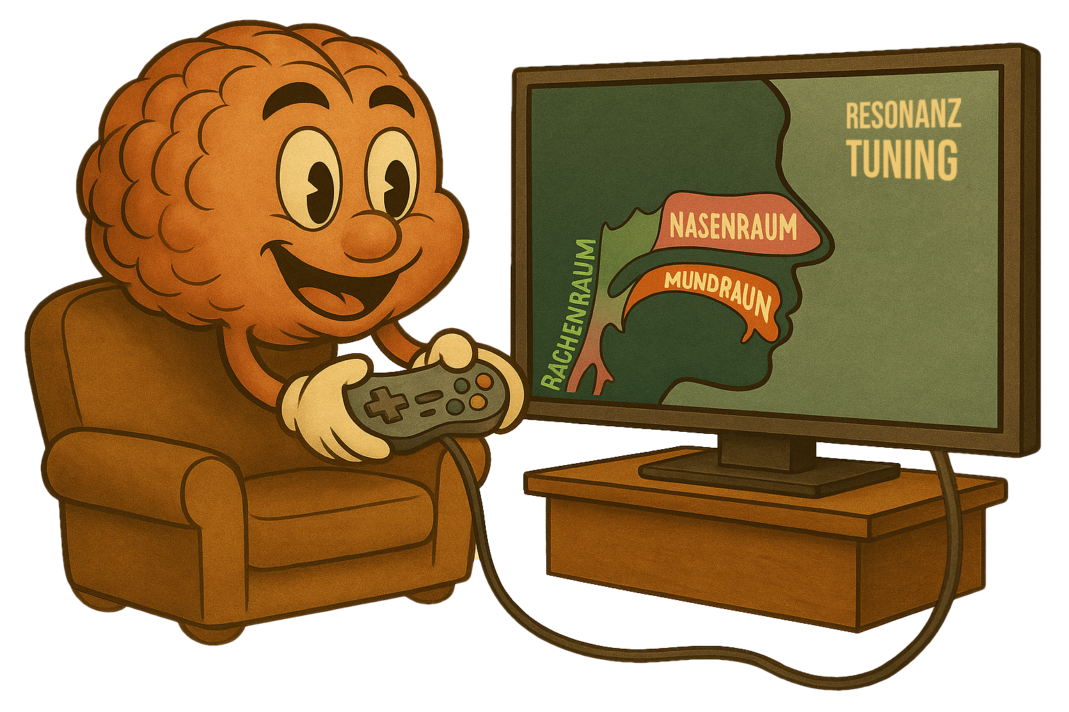 Illustration eines cartoonartigen Gehirns mit Gamecontroller, das vor einem Bildschirm sitzt. Auf dem Bildschirm ist ein Querschnitt durch Kopf und Rachen zu sehen, mit markierten Resonanzräumen: Rachenraum, Mundraum, Nasenraum. Der Schriftzug „Resonanz Tuning“ erscheint rechts oben. Das Bild symbolisiert die bewusste Steuerung von Klang beim Singen.