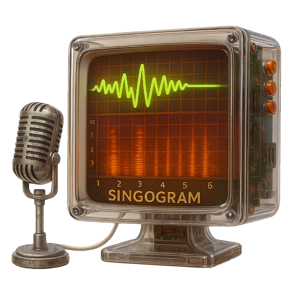 Retro-inspiriertes Analysegerät mit der Aufschrift „Singogram“, zeigt ein leuchtend grünes Schallwellensignal auf einem Bildschirm. Daneben steht ein klassisches Mikrofon – symbolisch für moderne Stimmbildung mithilfe digitaler Tools und KI.