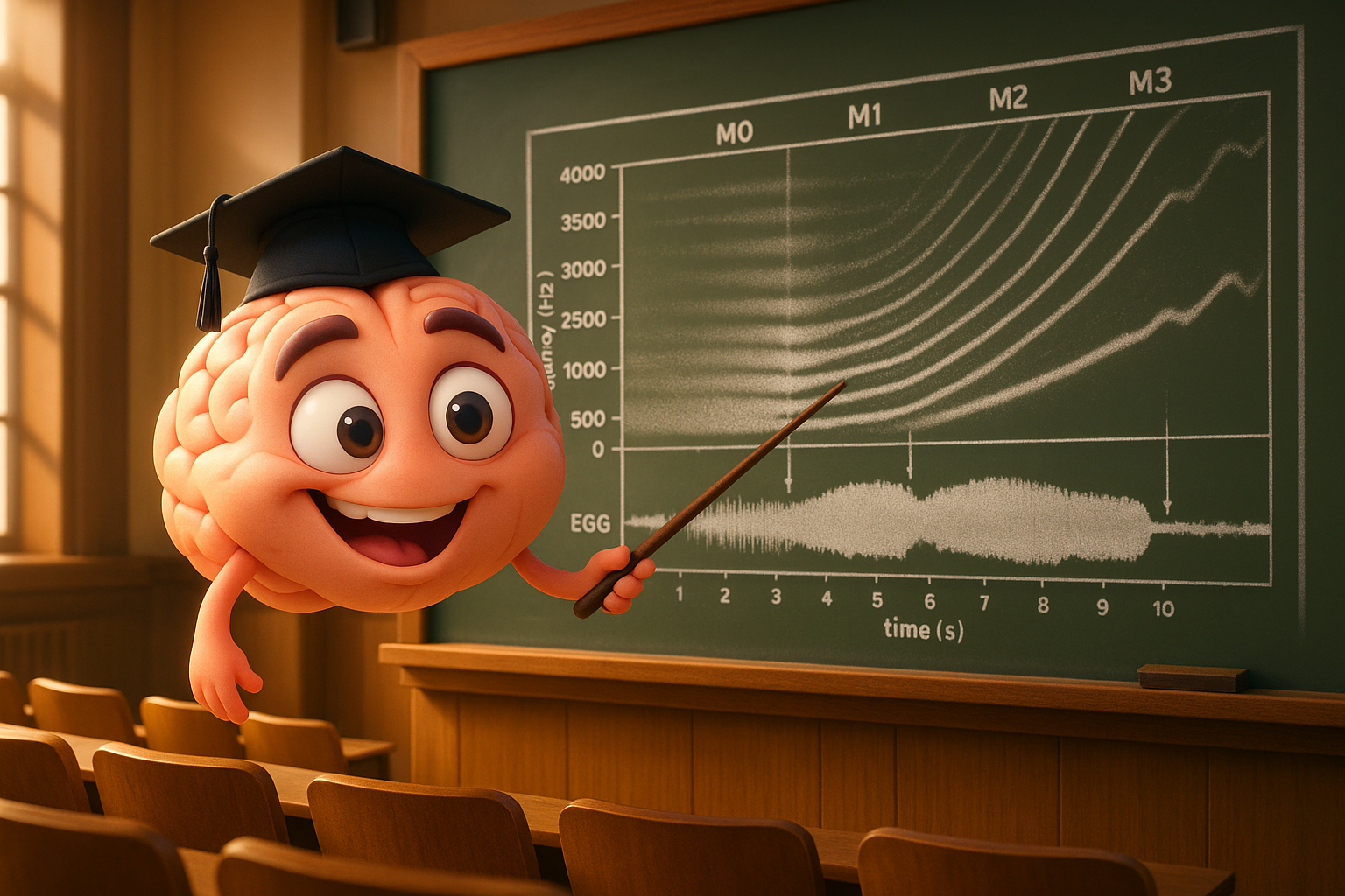 Cartoon-Gehirn zeigt auf Tafel mit Spektrogramm und EGG-Kurve zur Veranschaulichung von Stimmerfassungsmethoden.