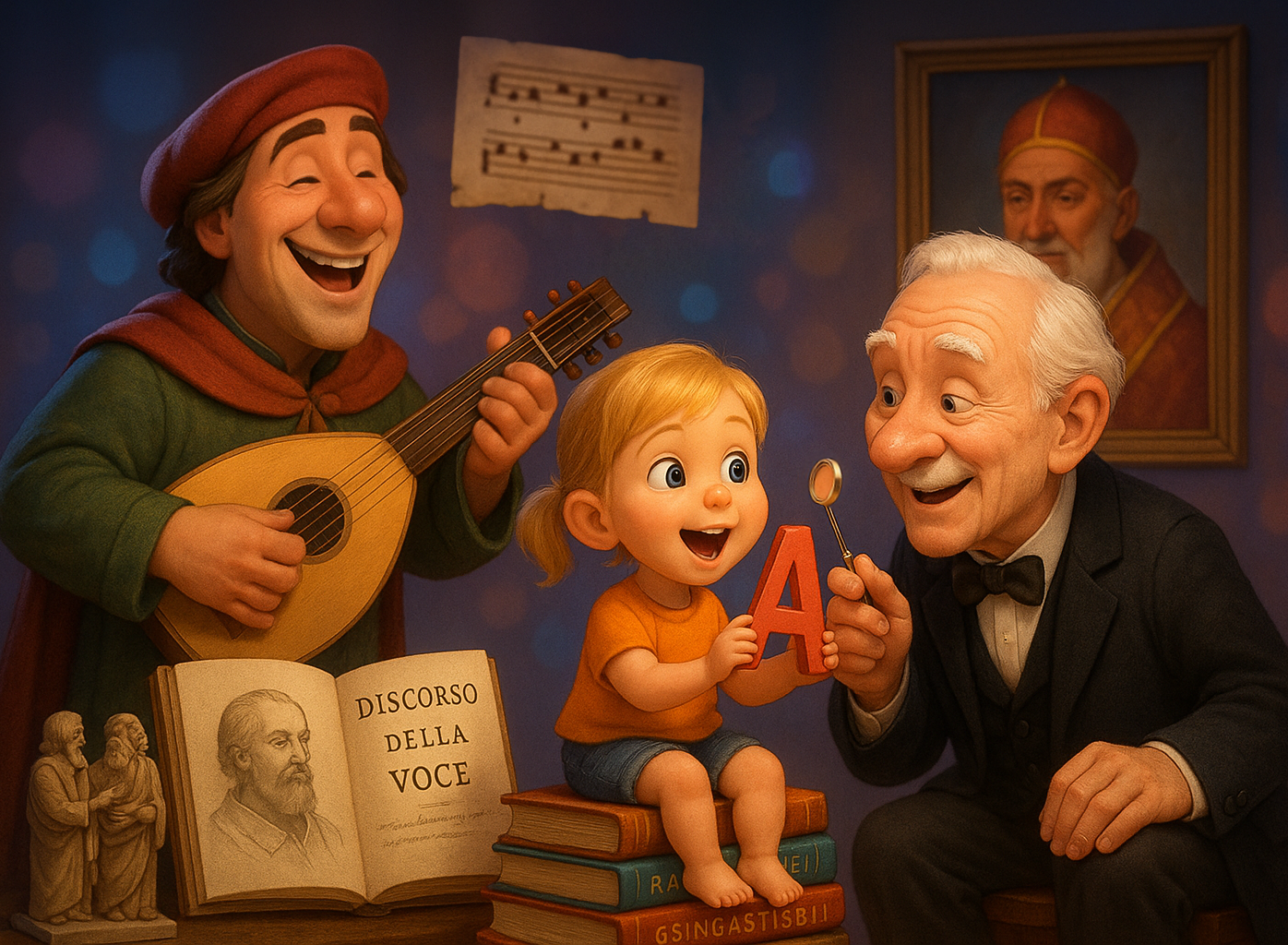 Kind sitzt auf einem Bücherstapel und hält ein großes rotes „A“ in der Hand. Ein älterer Mann mit Fliege und Lupe schaut sie lächelnd an. Links spielt ein fröhlicher Musiker eine Laute. Im Vordergrund liegt ein aufgeschlagenes Buch mit der Aufschrift „Discorso della voce“, dahinter hängen Notenblätter und ein Porträt an der Wand. Die Szene wirkt historisch inspiriert und zeigt die Entwicklung der Stimmbildung spielerisch.