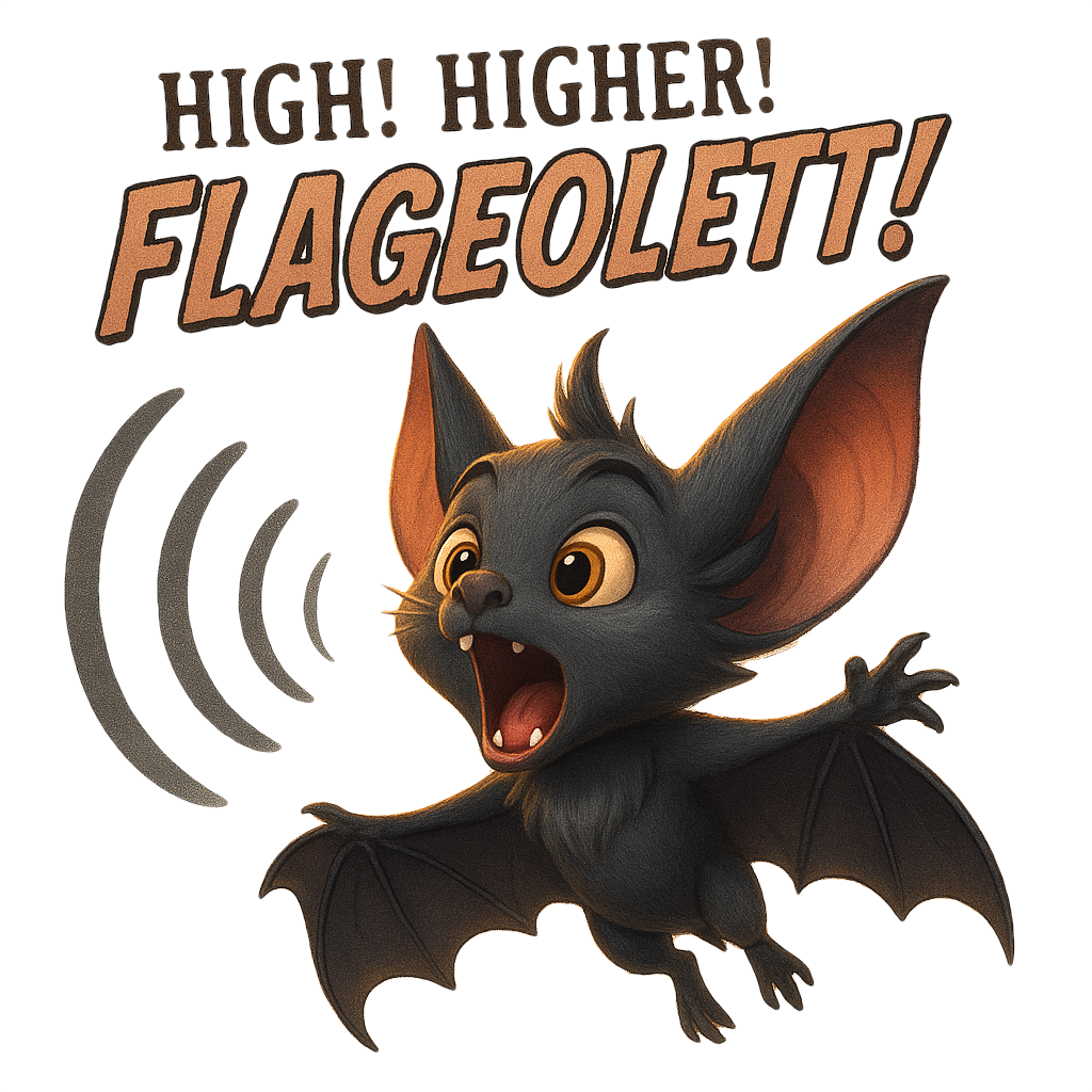 Illustration einer rufenden Fledermaus mit weit geöffnetem Maul und riesigen Ohren. Über ihr steht: „High! Higher! FLAGEOLETT!“ – eine humorvolle Anspielung auf die extrem hohen Töne der Whistle Voice.