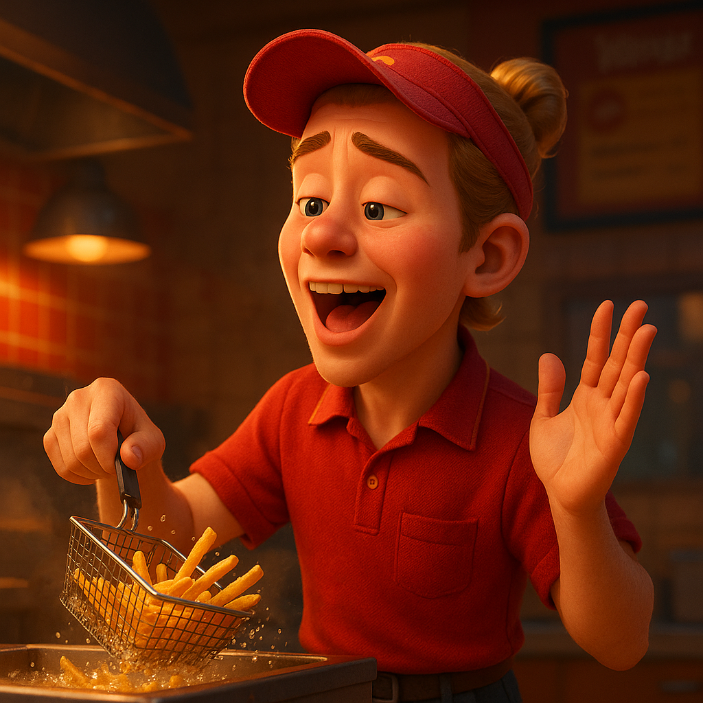 Lachender junger Mensch in Fast-Food-Uniform beim Frittieren, singt gleichzeitig in tiefer Lage – symbolisch für Vocal Fry bzw. das Pulse Register (M0) mit knisterndem, brummigem Klang.