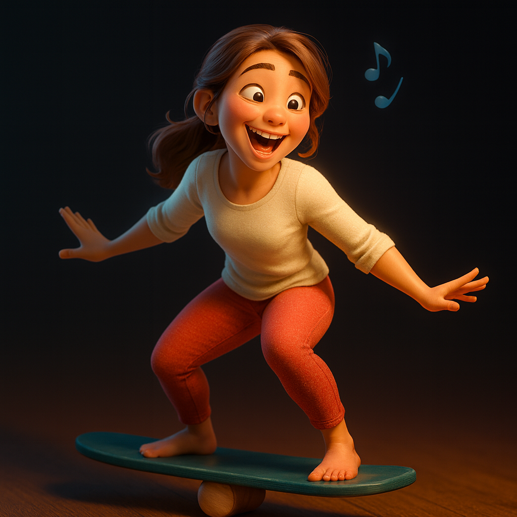 Frau auf Balance-Board beim Singen – Metapher für das Gleichgewicht zwischen Gesangsregistern.