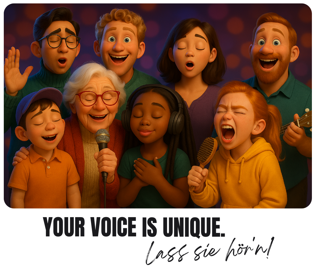 Gruppe verschiedener Menschen beim Singen, mit Freude und Ausdruck. Text im Bild: „Your voice is unique – lass sie hör’n!“.