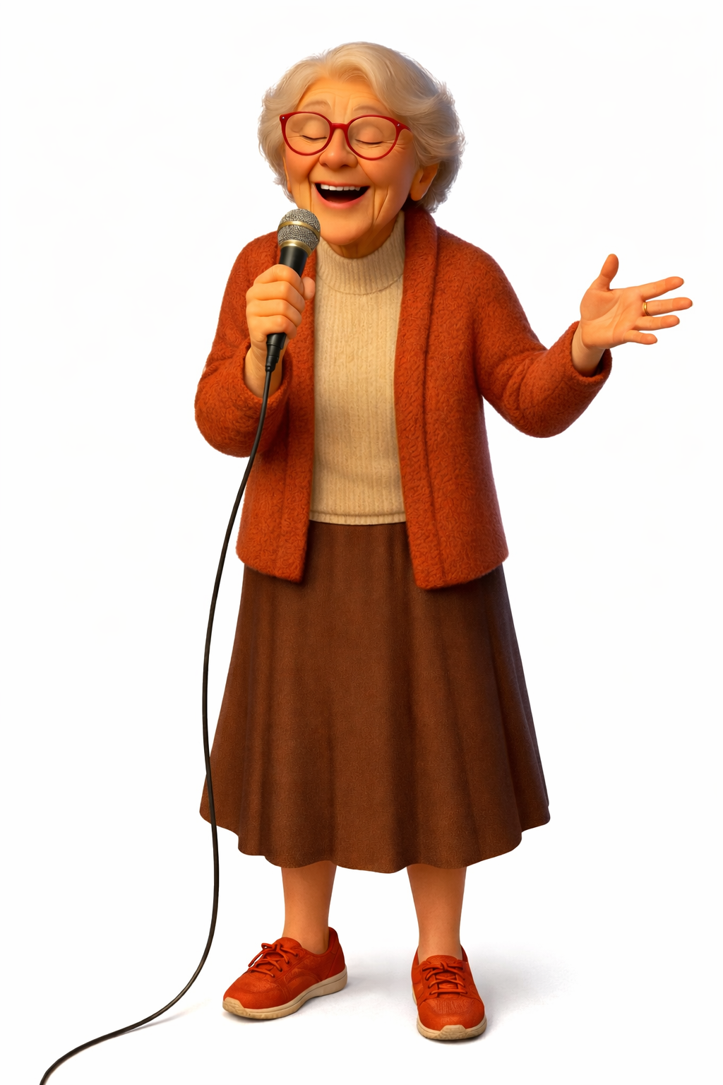 Ältere Frau singt mit Mikrofon – Beispiel für individuelle Stimmhöhe und Anatomie.