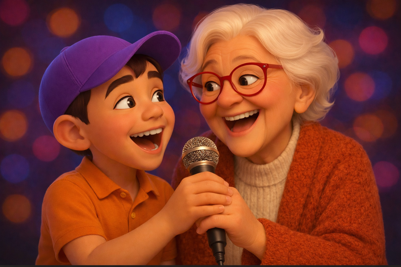 Kind und ältere Frau singen gemeinsam in ein Mikrofon – Beispiel für unterschiedliche Klangfarben von Stimmen.