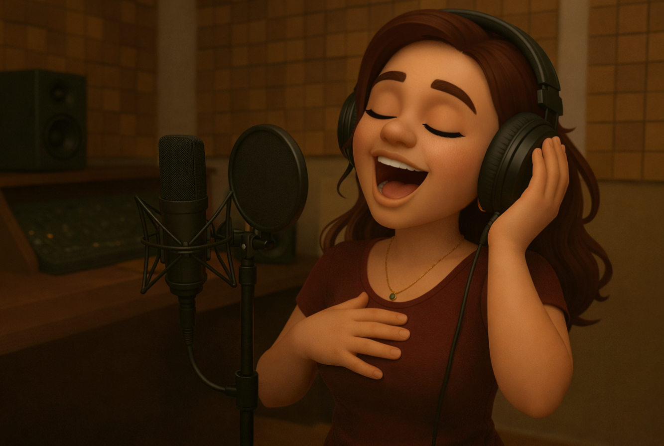 Sängerin im Tonstudio singt in ein Mikrofon – Stimme erzeugt Schwingungen, die als Frequenzen messbar sind.