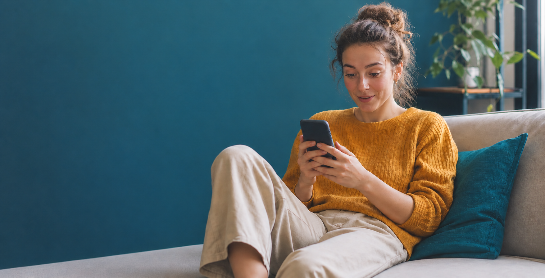 Junge Frau sitzt auf einem Sofa und macht auf ihrem Smartphone einen Lerntypen-Test.